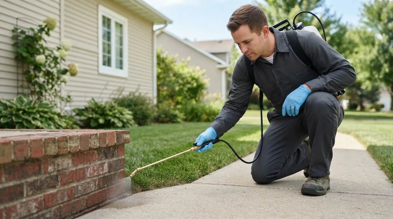 Pest control technician treating a home near Claremore, OK
